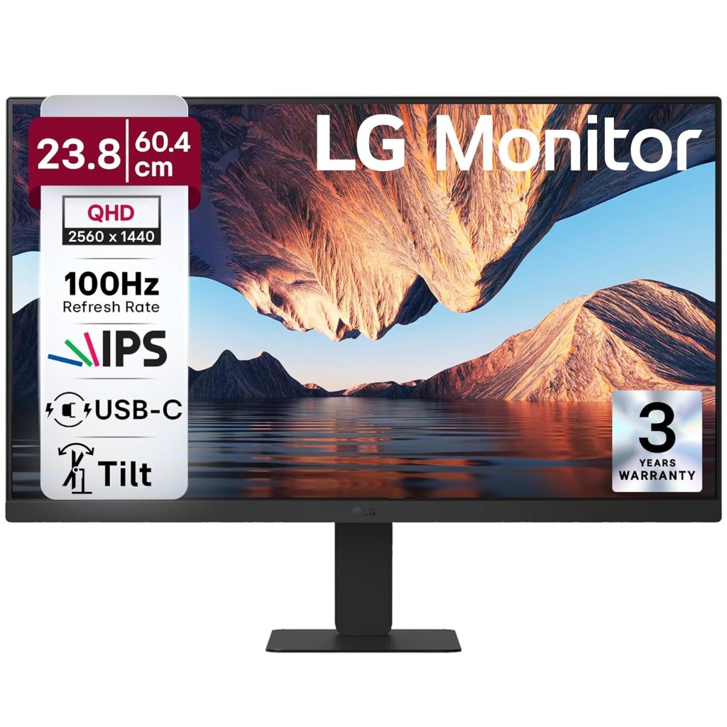 LG 24U631A 60.4 cm (23.8 Inch) QHD (2560x1440) IPS PC Monitor with 100Hz, 5ms (GtG) HDR10, Flicker Safe, Reader Mode, HDMI, USB-C, Anti-Glare, 3-Side Virtually Borderless Design, sRGB 99% (Black)