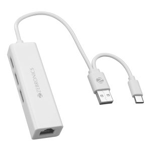 ZEBRONICS TA200UR Type C to Ethernet Adapter (4-in-1 Multiport Hub), 3 USB 2.0 Ports + RJ 45 Port, LAN Speeds Upto 100 Mbps, Lightweight Design, Plug and Play