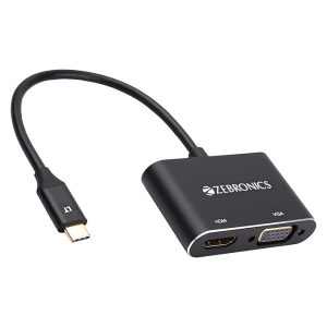 ZEBRONICS TA150HV Type C to HDMI | VGA Converter with 24K Gold-Plated Connector, Supports - FHD 1080p@60Hz (VGA), 4K@30Hz (HDMI), Audio Out Through HDMI, 1080p@60Hz simultaneous Video Output