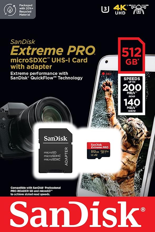SanDisk Extreme Pro 512GB microSDXC UHS-I, V30, 200MB/s Read, 140MB/s Write, Memory Card for 4K Video on Smartphones, Action Cams and Drones