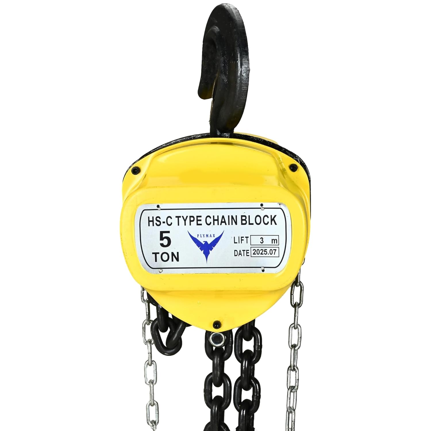 HYCO LABEL FLYAMX HS-C TYPE Hand Chain Pulley Block, Heavy Duty Manual Hoist with 3 Meter Lifting Capacity, Yellow Steel Construction for Transport, Warehouse, Workshop, Garages (5 TON)