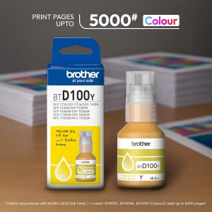 Brother BTD100Y High Yield Yellow Ink Bottle, 5000 Page Yield Compatible for Brother DCP-T236, DCP-T230, DCP-T436W, DCP-T430W, DCP-T535DW, DCP-T530DW, DCP-T730DW, DCP-T830DW, MFC-T930DW