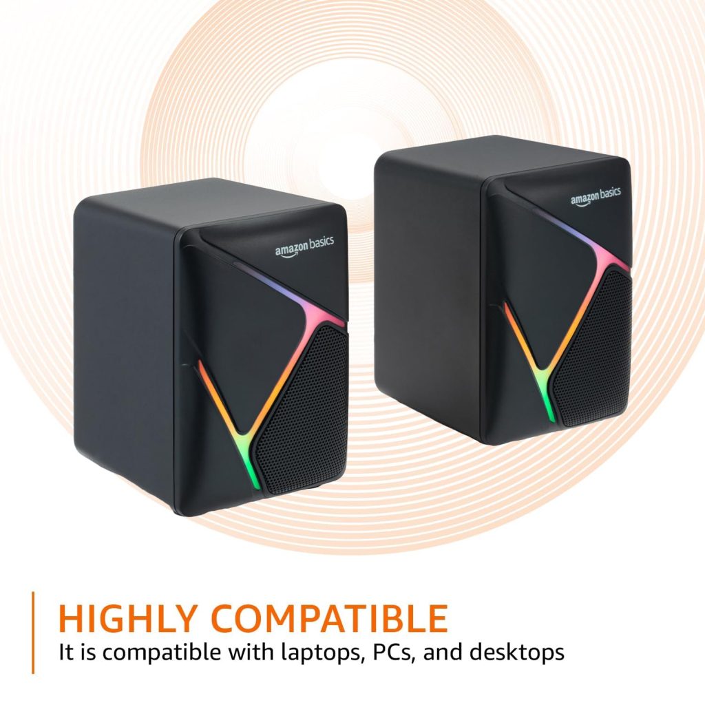 amazon basics 2 X 3W Multimedia PC Gaming Speaker with Aux Connectivity, USB Support, Volume Control, and RGB Lights