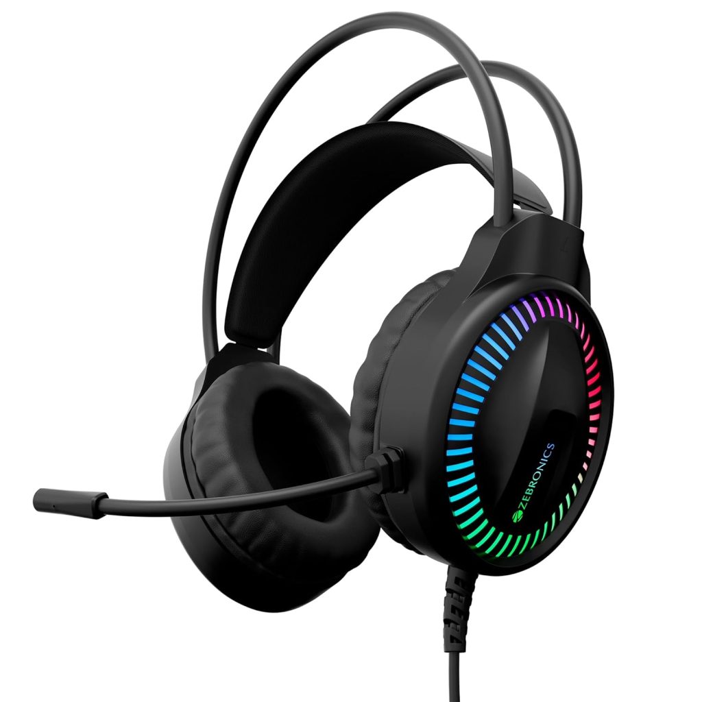 ZEBRONICS Blitz C Dolby Atmos Gaming Over Ear Wired Headphone, 50Mm Neodymium Drivers, Padded Headband, Lightweight & Comfortable, RGB Lights, Flexible Mic, Type-C Connector, Black