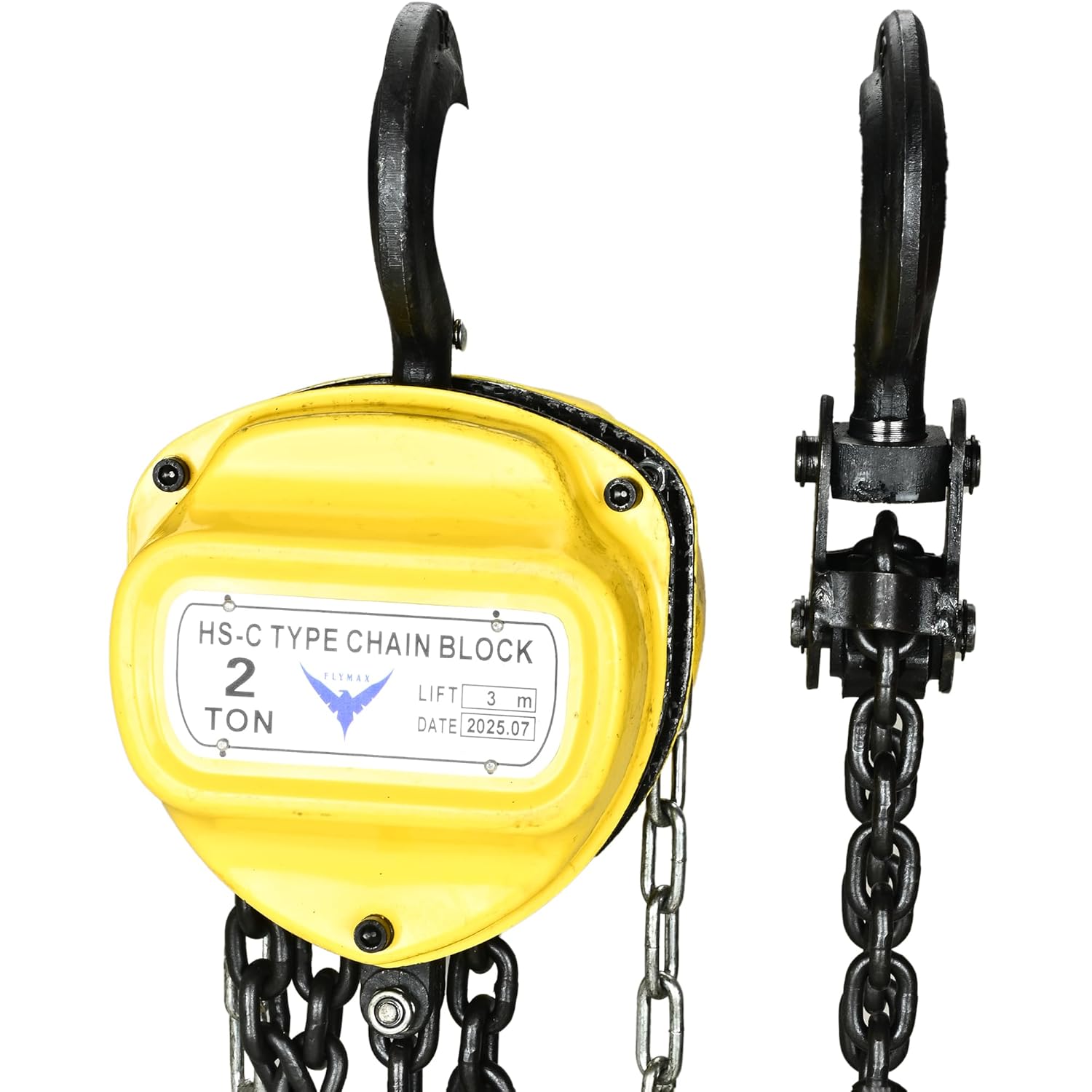 HYCO LABEL FLYAMX HS-C TYPE Hand Chain Pulley Block, Heavy Duty Manual Hoist with 3 Meter Lifting Capacity, Yellow Steel Construction for Transport, Warehouse, Workshop, Garages (2 TON)