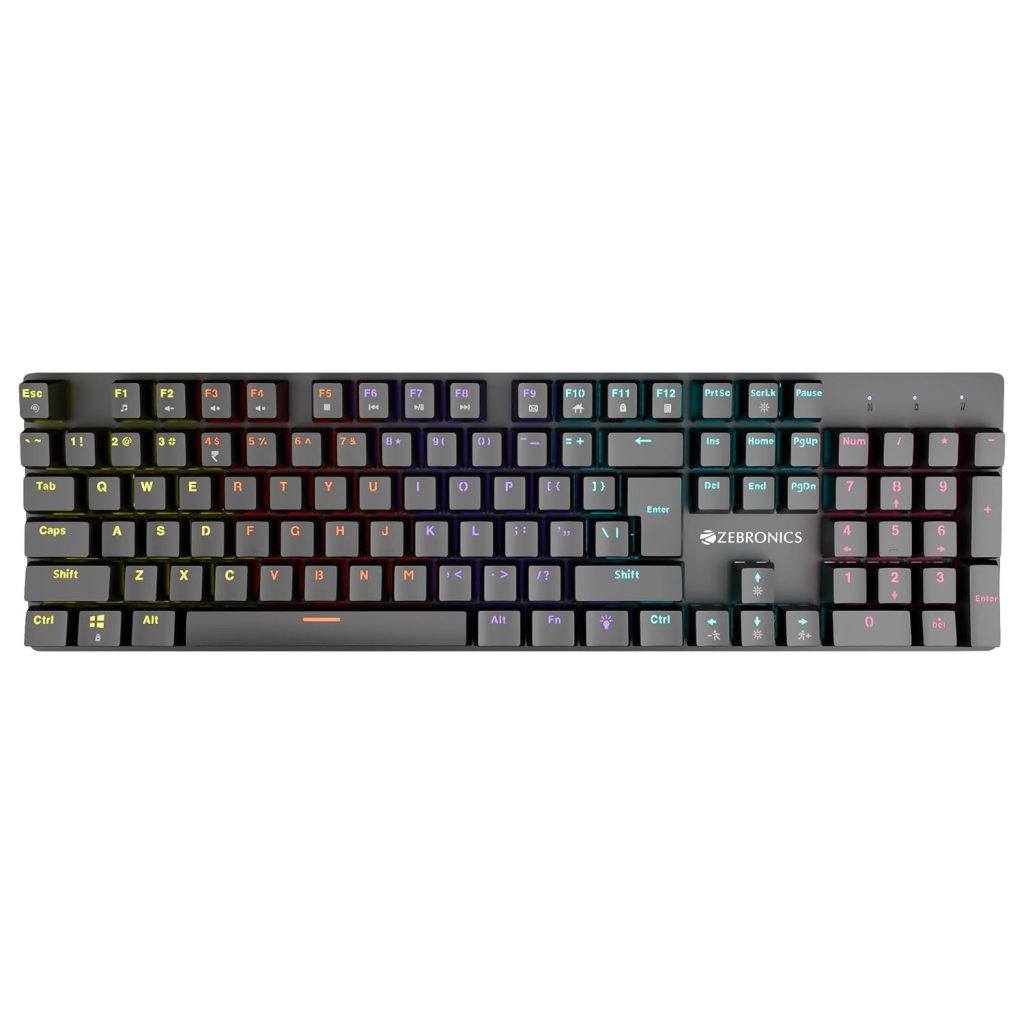 ZEBRONICS Nitro Plus Mechanical Keyboard, 104 Keys, Clicky Blue Switches, Integrated Multimedia Keys, Multicolor LED, Windows Lock Function, 1.5m Durable Cable (Black)