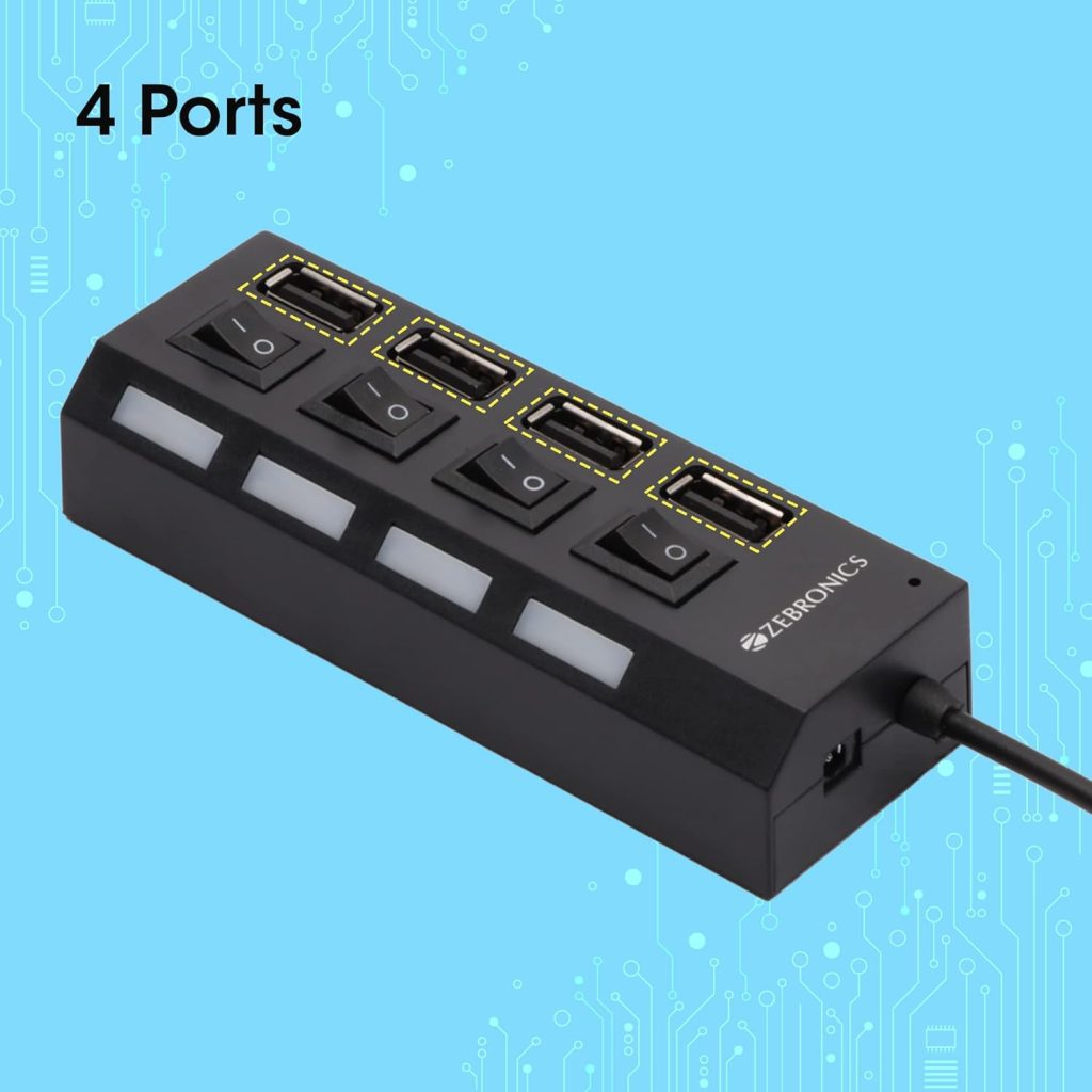 ZEBRONICS 150Hb 4 Port USB Hub with Dedicated On/Off Switch, Led Indicators, 45Cm Cable Length, Optional Power Input Port, Multi Device and Plug Play Usage