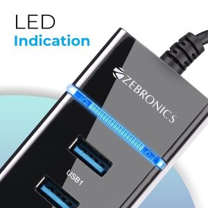 Zebronics 300HB 4 Port USB 3.0 Hub with Hi-Speed Data Transfer, LED Indication, 15cm Cable, Backward Compatible, Multi Device Connection, Plug Play Usage, Glossy Finish and Lightweight Design