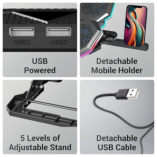 ZEBRONICS NC8000 Laptop Cooling Pad, Upto 17 inch, 5 Fans, 5 Level Adjustable, Speed Control, 10 RGB Modes, USB Port, Mobile Holder