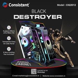 Consistent Black Destroyer Gaming Cabinet 2012 | Support: Micro ATX/Mini-ITX | Front Port: USB2.0 * 1+USB3.0 * 1+HD Audio | with Tempered Glass