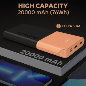 Duracell 20000 MAH Slimmest Power Bank with 1 Type C PD and 2 USB A Port, 22.5W Fast Charging Portable Charger to Charges 3 Devices Simultaneously for iPhones, Android Phones, Smart Watches & More
