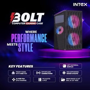 Intex Bolt Computer Gaming Cabinet | Micro-ATX, Mini-ITX | 12cm LED Fans | Mesh Front Panel | Compact PC Case | Smooth Airflow | Acrylic Side Panel | 4 PCI Slots | 260mm VGA Support