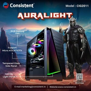 Consistent Auralight Gaming Cabinet 2011 | Support : Micro ATX/ATX/ITX | RGB LED Infinity Light Panel | with Tempered Glass Side Panel