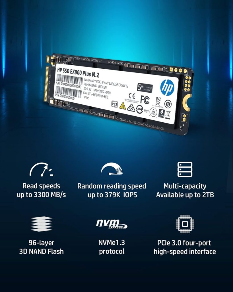 HP EX900 Plus 1TB M.2 SSD - High Performance NVMe SSD with 3D NAND Flash, 3300 MB/s Read and 2700 MB/s Write Speeds for Enhanced Computing Efficiency and Reliability