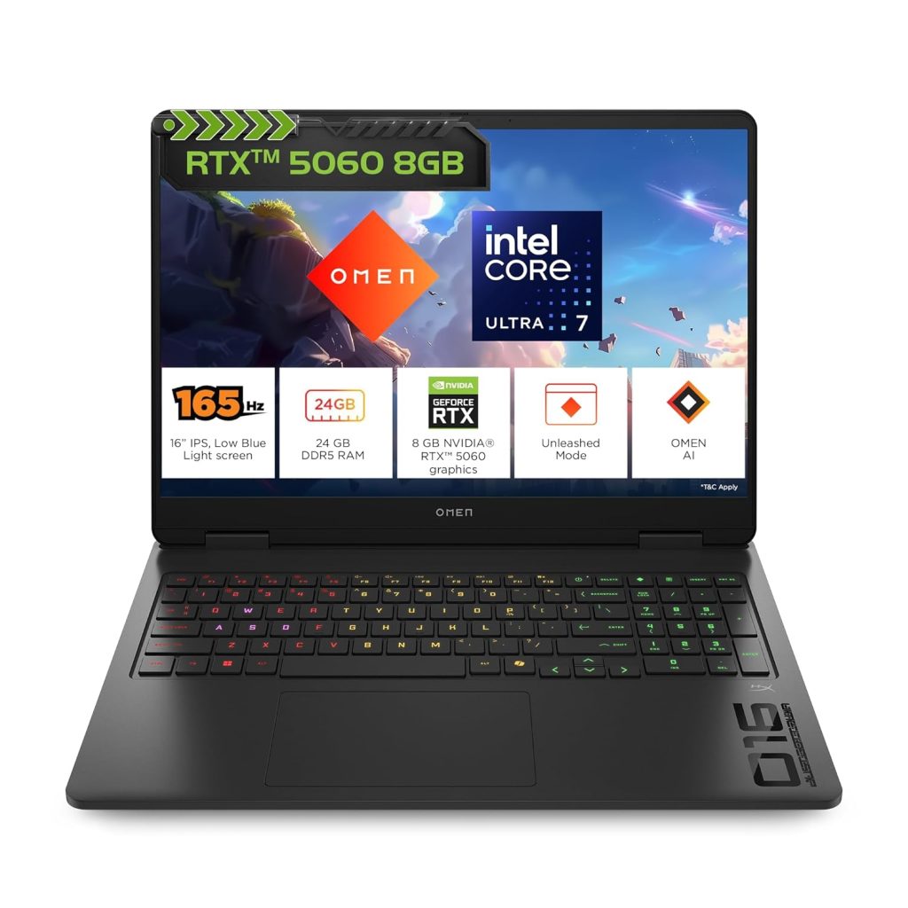 HP Omen, Intel Core Ultra 7 255H, 8GB RTX 5060 (24GB DDR5, 1TB SSD) 165Hz, 2k WUXGA, 3ms, 400 nits, 16''/40.6cm, Win11, M365* Office24, Black, 2.42kg, an0015TX, RGB, Gaming Laptop