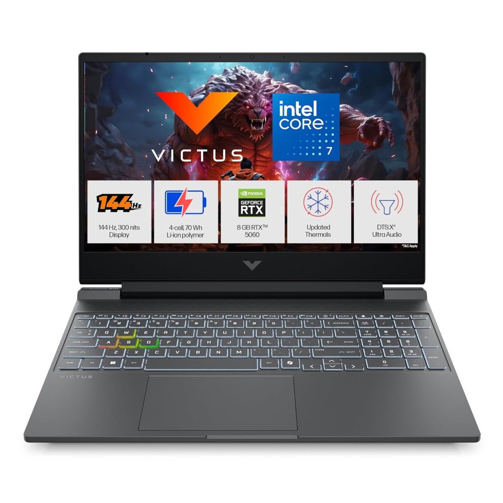 HP Victus, Intel Core 7 240H, 8GB RTX 5060, 24GB DDR5(Upgradeable) 1TB SSD, FHD, 144Hz, 300 nits, IPS, 15.6''/39.6cm, Win11, M365* Office24, Mica Silver, 2.29kg, fa2405TX, RGB Backlit, Gaming Laptop