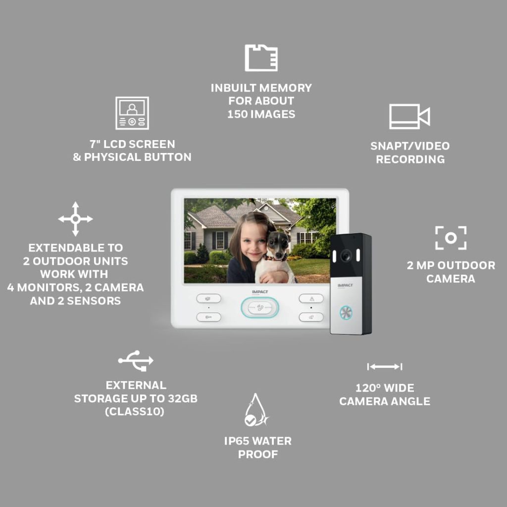Impact by Honeywell Analog Video Door Phone/Bell with Memory I 7" TFT LCD Screen & Physical Button I 2mp/1080p IR Night Vision with Color LED's I 2-Way Audio Talk I BuiltIn Mic & Loudspeaker
