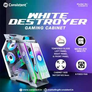 Consistent White Destroyer Gaming Cabinet 2012 | Support: Micro ATX/Mini-ITX | Front Port: USB2.0 * 1+USB3.0 * 1+HD Audio | with Tempered Glass