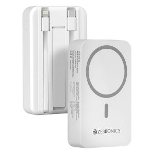 ZEBRONICS EnergiSafe 10R2 || 10000mAh MagSafe Wireless Power Bank | 15W Wireless & 22.5W PD (PPS) Fast Charging | Built-in Stand | Type-C & Lightning Cable | 5× Outputs | for iPhone & AirPods (White)
