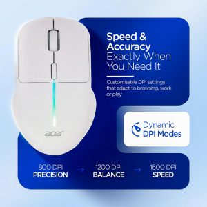 Acer Prism Wireless Mouse | Dual Mode 2.4GHz & BT 5.1 | 6 Buttons with Scroll Wheel | 800/1200/1600 DPI | Rechargeable 500mAh Battery | Running RGB | Lightweight 73g I Windows & Mac Compatible – White