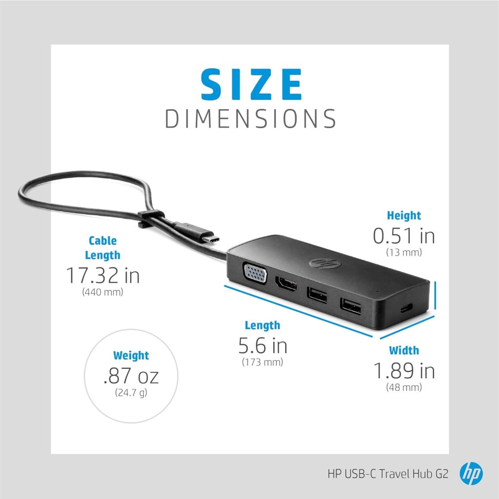 HP USB-C® Travel Hub G2 - Multi Port Dongle for Charging, Accessories, and Connecting an Extra Display - HDMI, VGA, and Two USB-A 3.0 Ports - Scalable Power with 45W, 65W, or 90W Adapter