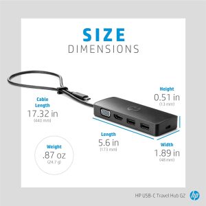 HP USB-C® Travel Hub G2 - Multi Port Dongle for Charging, Accessories, and Connecting an Extra Display - HDMI, VGA, and Two USB-A 3.0 Ports - Scalable Power with 45W, 65W, or 90W Adapter