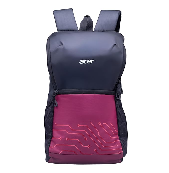 acer Pulse Lightweight Rich Polyster PU Coated water-resistant backpack, padded laptop sleeve fits up to 15.6 inch, front pocket, 2 side bottle mesh, cushioned straps, Trendy Black & Maroon Color