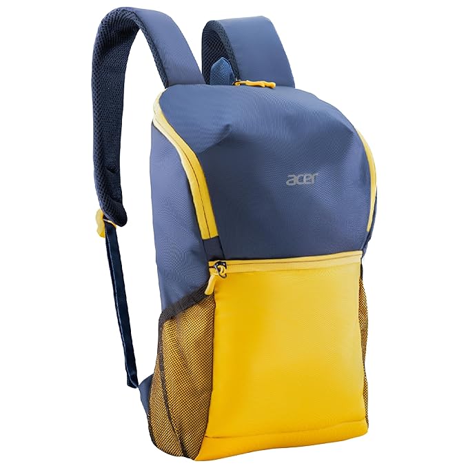 Acer Pulse Lightweight Rich Polyster PU Coated Water-Resistant Backpack, Padded Laptop Sleeve fits up to 15.6 inch, Front Pocket, 2 Side Bottle mesh, Cushioned Straps, Trendy Yellow & Navy Blue Color