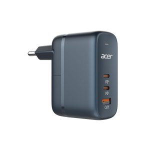 Acer PowerMax 65W GaN USB Charger, Super Fast PD & QC4+ Quick Charging, 3-Port (2 USB-C + 1 USB-A) Fire Safe Compact Travel Adapter with in/US/UK/EU Plugs for Laptops, Tablets, Smartphones
