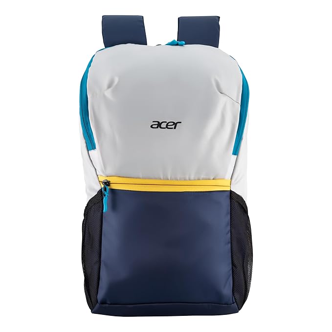 Acer Pulse Lightweight Rich Polyster PU Coated Water-Resistant Backpack, Padded Laptop Sleeve fits up to 15.6 inch, Front Pocket, 2 Side Bottle mesh, Cushioned Straps, Trendy Silver & Navy Blue Color