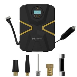 Zebronics Wired Tyre Inflator, 150 PSI, 12V Car Port Adapter, 3m Cable, Digital Display, Accessory Storage, Flashlight, Multiple Nozzles, for Car, Bike, Bicycle, Sports Balls (22TIW