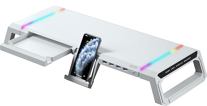 acer Ergo Multifunction Monitor & Laptop Stand Featuring RGB Lighting and a 4-Port USB Hub with Aluminum Multi Keyboard Storage Space Bar, Suitable for Both Office and Home Environments (White)