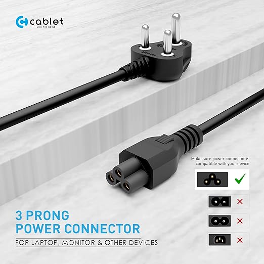 Cablet 1.5M Black 3 Pin Laptop Power Cable with 18 AWG & 700W Heavy Duty Universal Power Cable Replacement for Charger Adapter Power Cord for Laptop