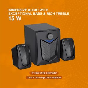FINGERS Eleganx 2.1 Multimedia Speaker (Wood Encased Subwoofer | 15W Powerful Bass | Bluetooth, AUX, FM Radio, USB | Remote Control Bundled) ? Classic Black