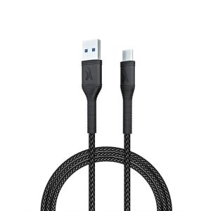 FINGERS RuggTwist-C02 Type-C Mobile Cable with Cotton Braided Material, 3 Ampere Fast Charging & 480 Mbps Data Transfer, 1 meter - Zebra Black