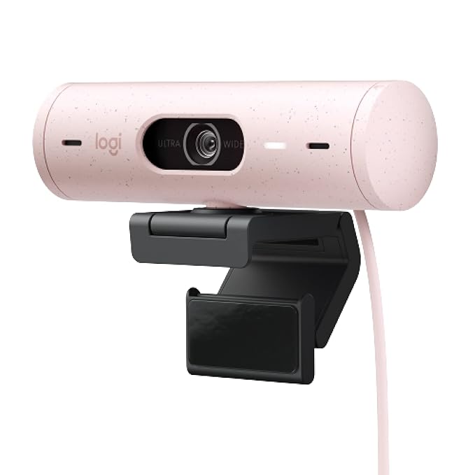 Logitech Brio 500 Full HD Webcam with Auto Light Correction, Show Mode, Dual Noise Reduction Mics, Webcam Privacy Cover, Works with Microsoft Teams, Google Meet, Zoom, USB-C Cable - Rose