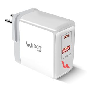 Ubon CH008 65Watt Dual Port Charger, USB & Type C Port with QC & PD Technology Supports Warp, Dash, Flash, Dart, Turbo Charge (White)