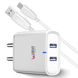 UBON 15W CH-586 Dual USB Port 2.4 Amp Wall Charger Fast Charging Adapter with Type-C Cable for Smartphone & Tablets, BIS Certified, Smart Protection for Short Circuit & Overheating- White